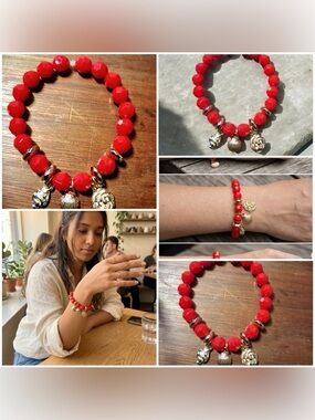 Red Beaded Charm Bracelet with Gold Accents - Women Jewelry